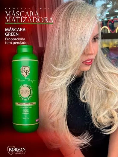 Robson Peluquero Máscara Matizadora Green 1L | Neutraliza Amarelado e Realça o Tom Perolado