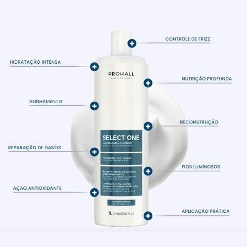 Prohall Professional Select One Um Só Passo 1L - Máscara Antifrizz com Controle de Volume, Brilho e Tratamento Capilar Profissional