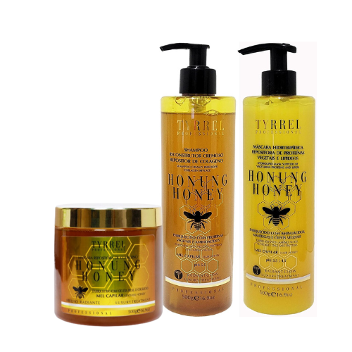 Tyrrel Honung Honey Kit Completo – Shampoo + Máscara Hidrolipídica + Máscara Repositora de Colágeno – Reconstrução, Nutrição e Revitalização Intensiva